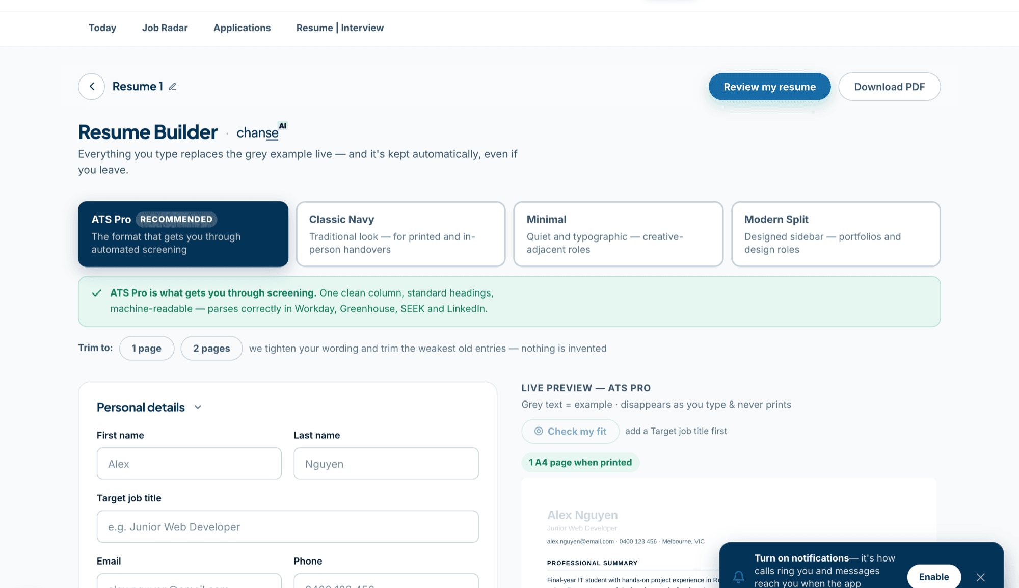 The Chanse resume builder — ATS Pro format with a live A4 preview